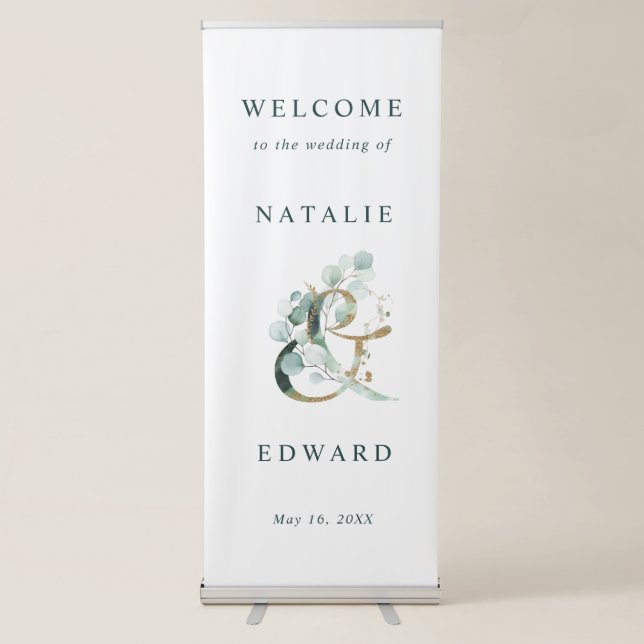 Eucalyptus Ampersand Gold Green Wedding Retractable Banner (Front)