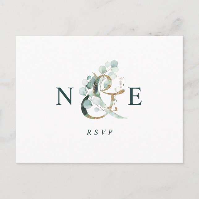 Eucalyptus Ampersand Gold Green Weddingn RSVP Postcard (Front)