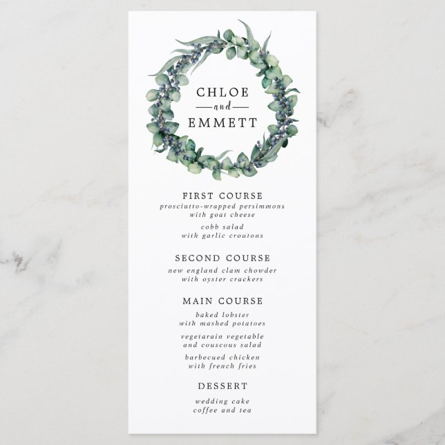 Eucalyptus and Berry Wreath Botanical Wedding Menu (Front)