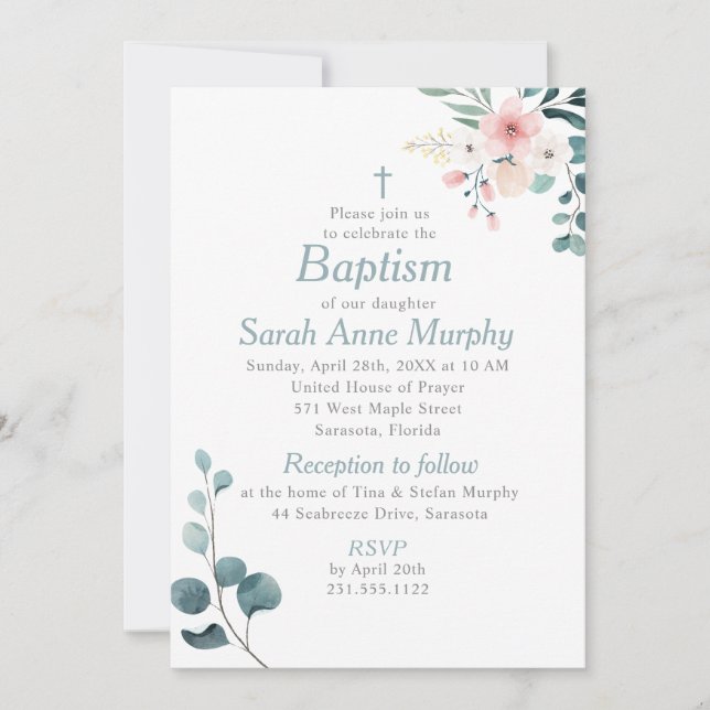 Eucalyptus and Blush Pink Flower Baptism Invitation (Front)
