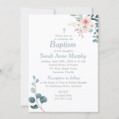 Eucalyptus and Blush Pink Flower Baptism Invitation