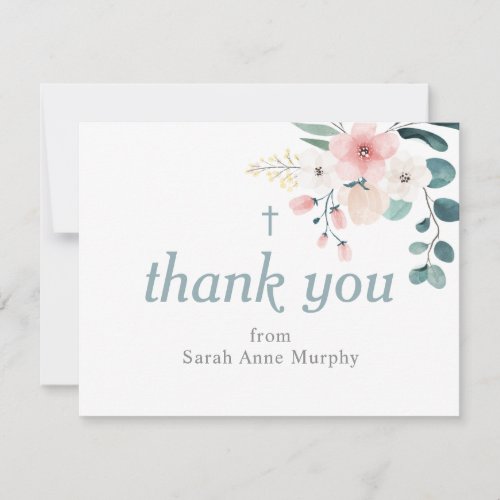 Eucalyptus and Blush Pink Flower Baptism Thank You Card