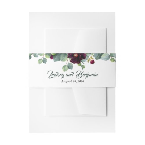 Eucalyptus and Burgundy Red Flowers Wedding Invitation Belly Band