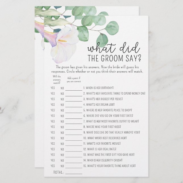 Eucalyptus and calla - What did the groom say game (Front/Back)
