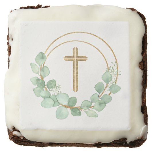 Eucalyptus and Cross First Communion Brownie (Front)