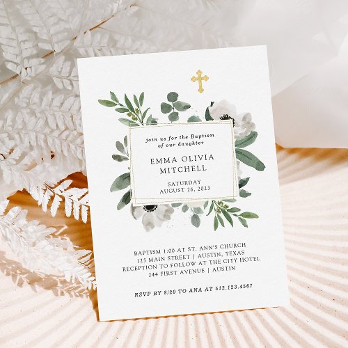 Eucalyptus and Elegant White Flowers  Baptism Invitation