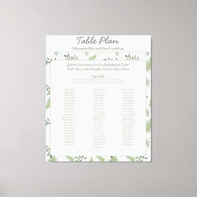 Eucalyptus and Fern Wedding Seating Plan Canvas Print (Front)
