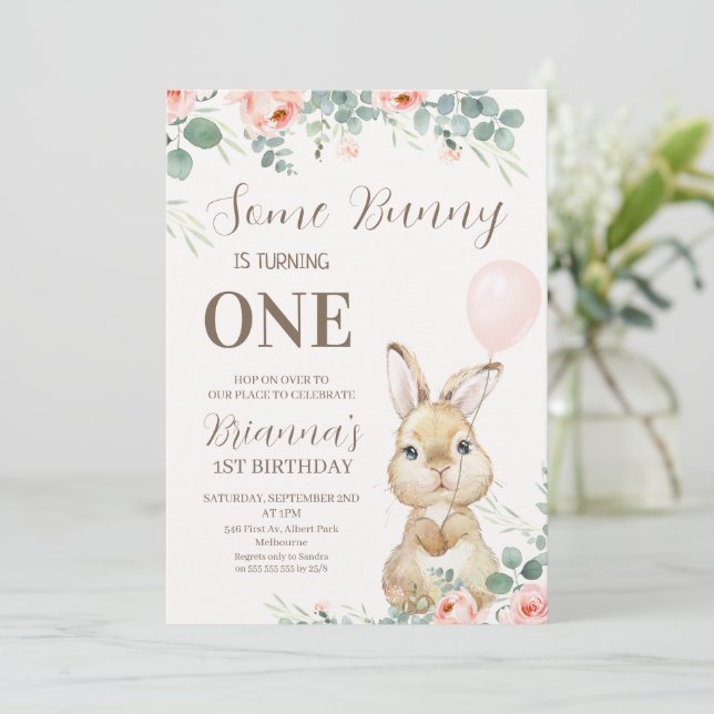 Eucalyptus and Floral Pink Some Bunny Birthday Invitation (Standing Front)