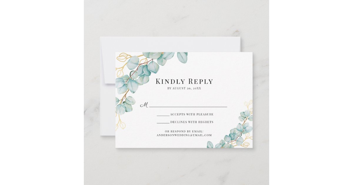 Eucalyptus and Gold Botanicals Wedding RSVP Card | Zazzle