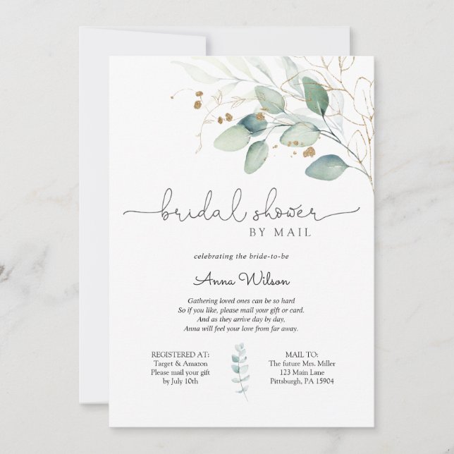 Eucalyptus and Gold Bridal Shower by Mail Invitation (Front)