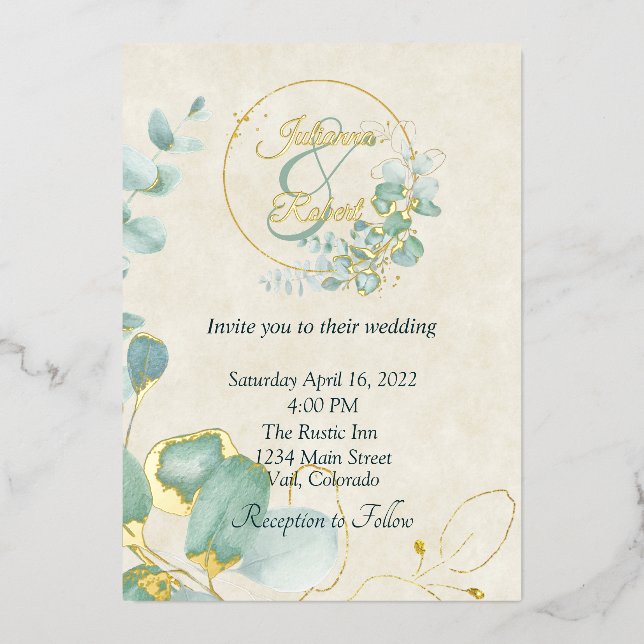 Eucalyptus and gold budget wedding  foil invitation (Front)