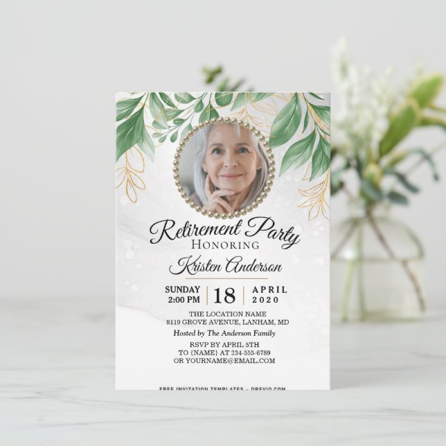 Eucalyptus And Gold Foliage Retirement Party  Invitation (Standing Front)