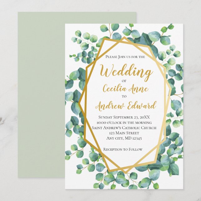 Eucalyptus and Gold Frame Green Floral Wedding Invitation (Front/Back)