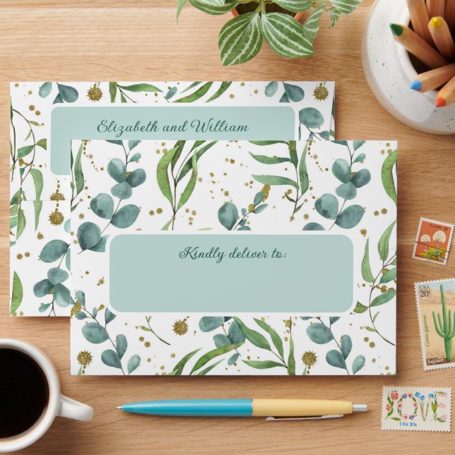 Eucalyptus And Gold Glitter Elegant Envelope (Desk)