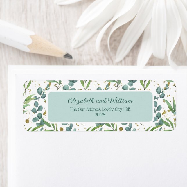 Eucalyptus And Gold Glitter Wedding Return Address Label (Insitu)