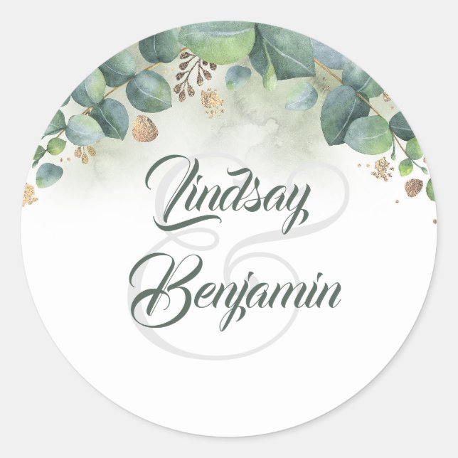 Eucalyptus and Gold - Greenery Garland Wedding Classic Round Sticker (Front)