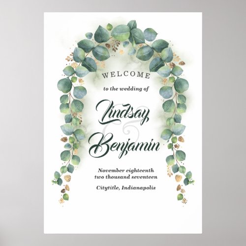 Eucalyptus and Gold Greenery Wedding Welcome Sign