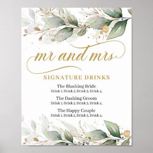 Eucalyptus and gold leaves signature drinks sign
