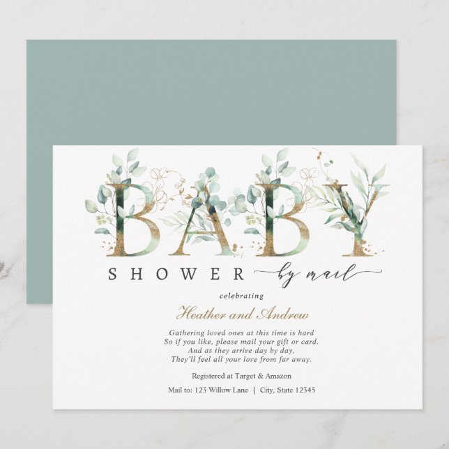 Eucalyptus and Gold Lettering Baby Shower by Mail Invitation (Front/Back)