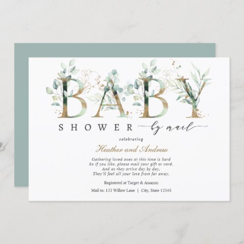Eucalyptus and Gold Lettering Baby Shower by Mail Invitation
