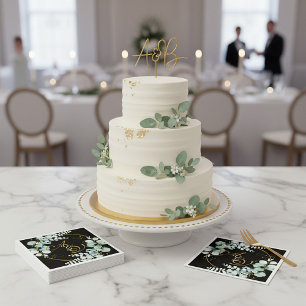 Eucalyptus and gold on black personalized wedding napkins