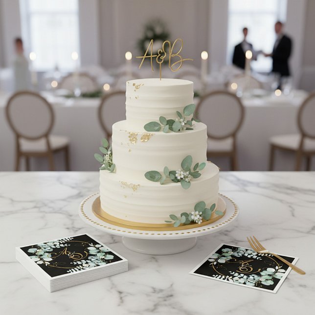 Eucalyptus and gold on black personalized wedding napkins (Creator Uploaded)