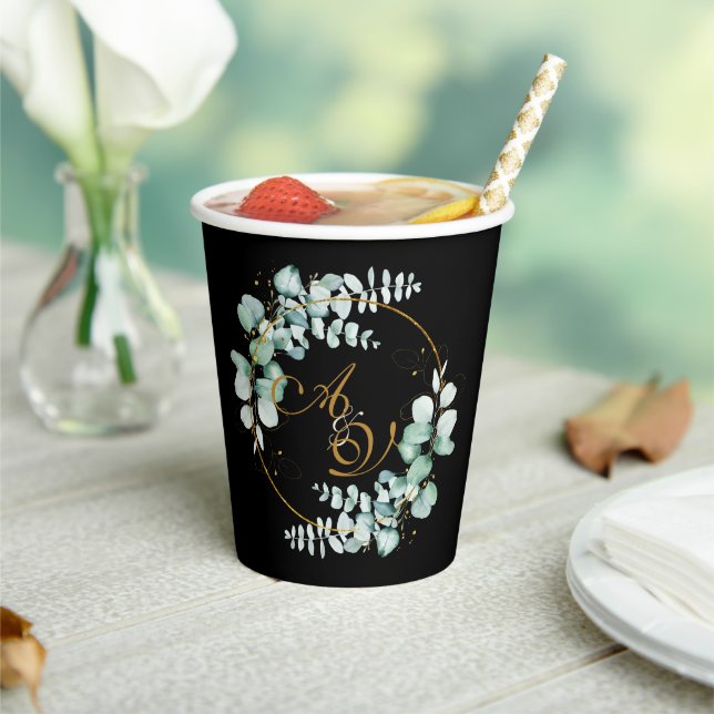 Eucalyptus and gold on black personalized wedding  paper cups (Insitu)