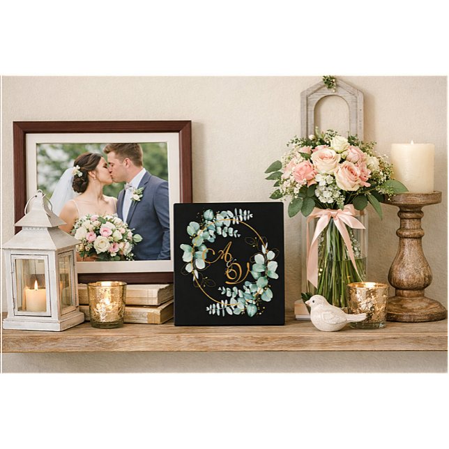Eucalyptus and gold on black personalized wedding  plaque (Creator Uploaded)