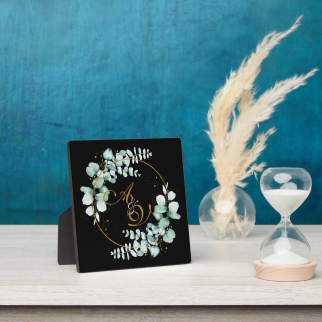 Eucalyptus and gold on black personalized wedding  plaque (Insitu)