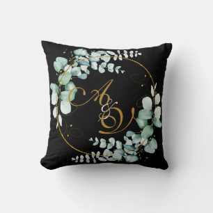 Eucalyptus and gold on black personalized wedding throw pillow