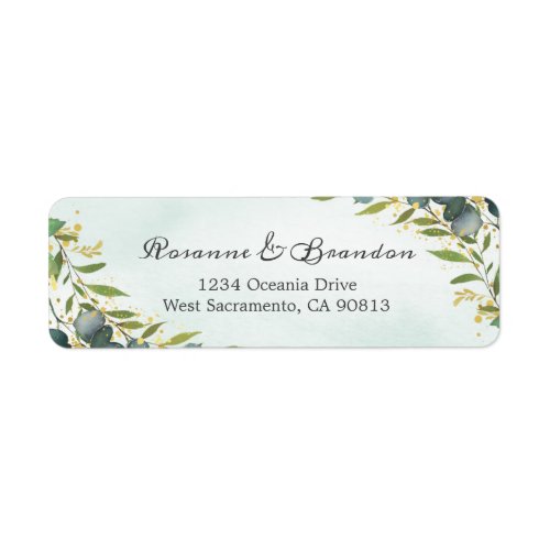 Eucalyptus and Gold Splashes Label - Rustic address labels featuring a green/blue watercolor wash, elegant botanical eucalyptus leaves, splashes of faux gold foil, your names, and address.