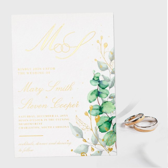 Eucalyptus and gold Wedding Foil Invitation (I wish you happiness!!!)