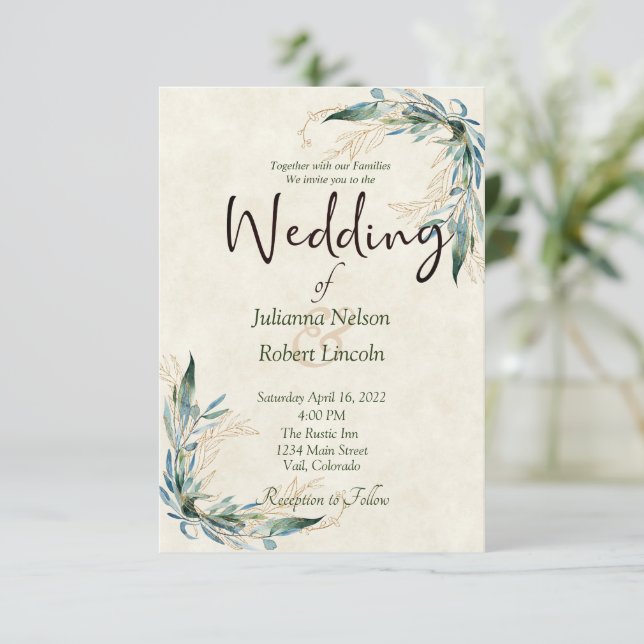 Eucalyptus and gold wedding invitation (Standing Front)