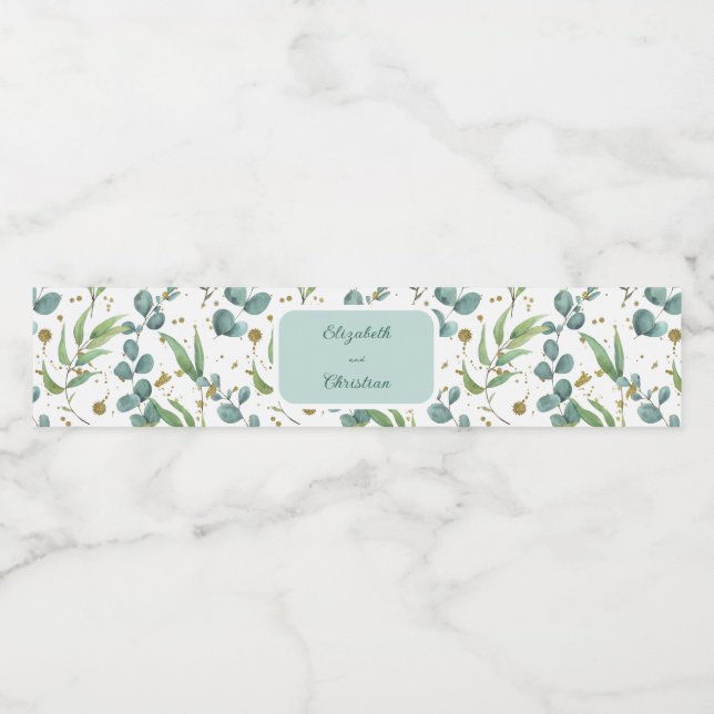 Eucalyptus And Gold Wedding  Water Bottle Label (Single Label)