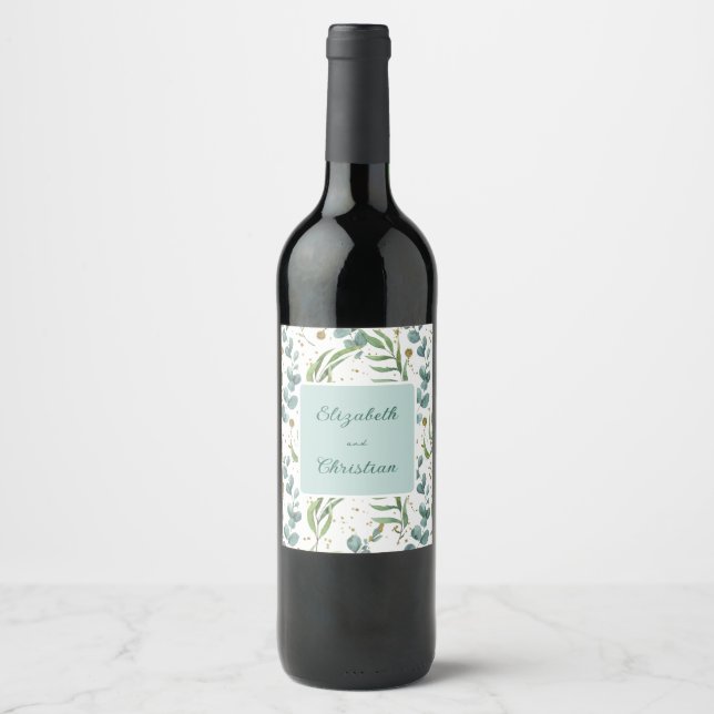 Eucalyptus And Gold Wedding  Wine Label (Front)
