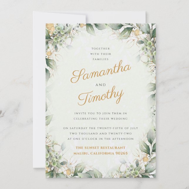 Eucalyptus and gold wreath wedding invitation (Front)