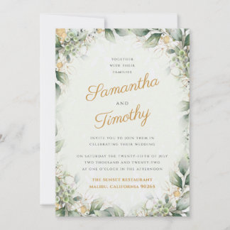 Eucalyptus and gold wreath wedding invitation