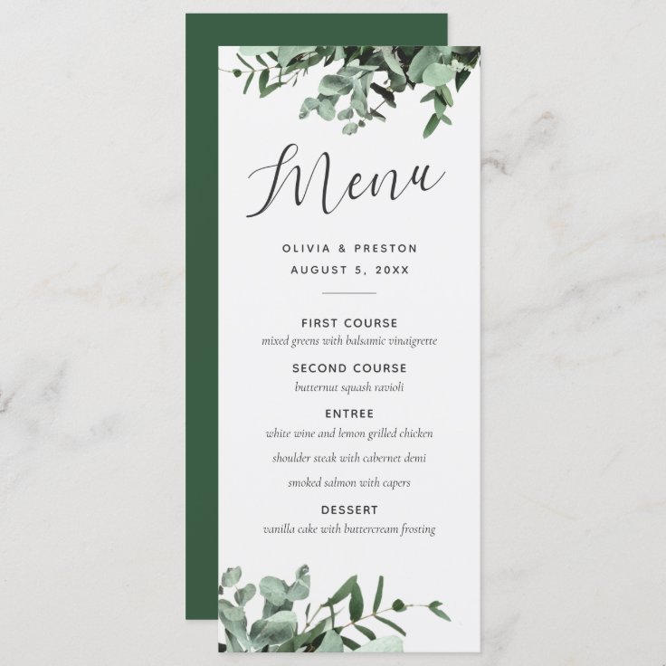 Eucalyptus and Greenery Watercolor Wedding Menu | Zazzle