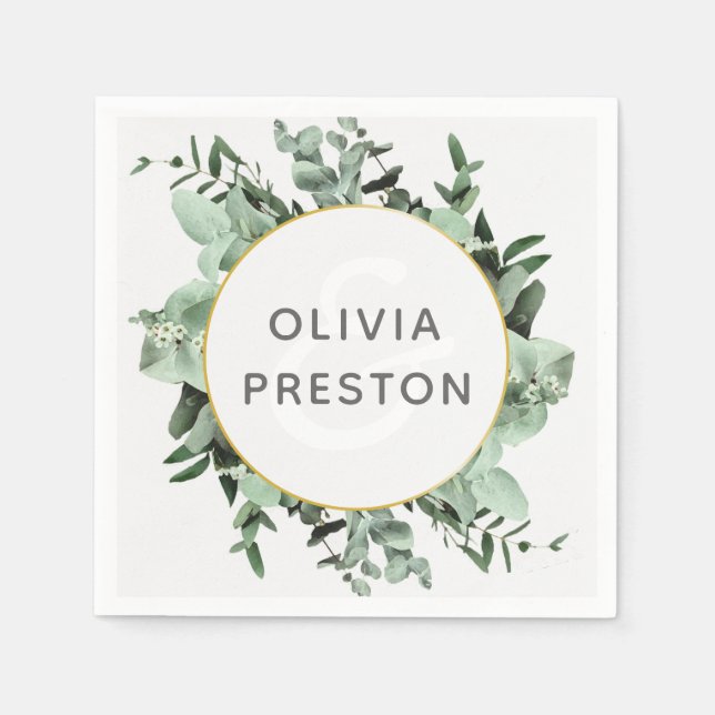 Eucalyptus and Greenery Watercolor Wedding Napkins (Front)