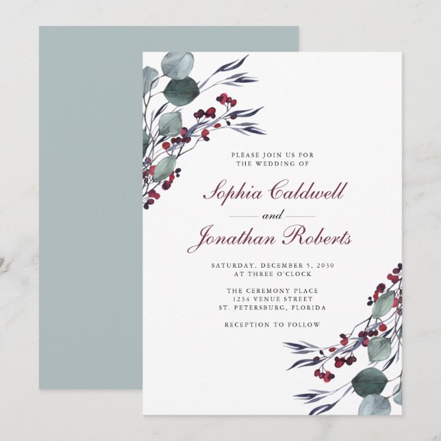 Eucalyptus and Holly Berries Winter Wedding Invitation (Front/Back)
