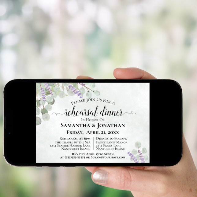Eucalyptus and Lavender Wedding Rehearsal Dinner Invitation (Front Digital)