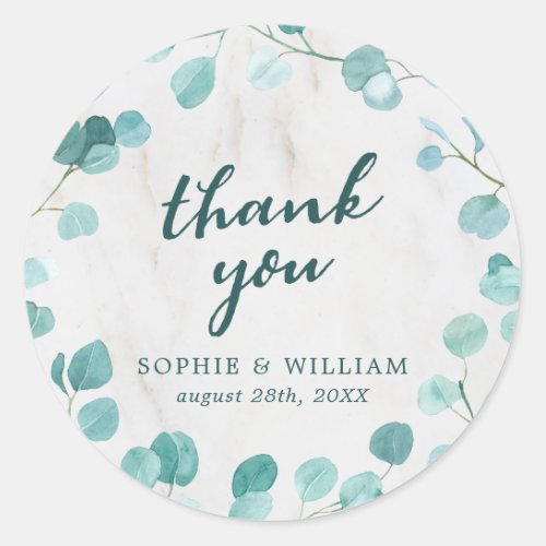 Eucalyptus and Marble Thank You Classic Round Sticker
