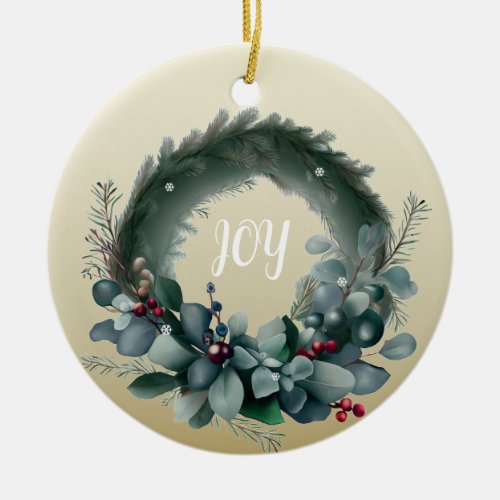 Eucalyptus and Pine Branch Wreath Ceramic Ornament