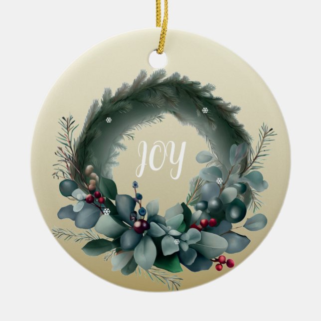 Eucalyptus and Pine Branch Wreath Ceramic Ornament (Front)