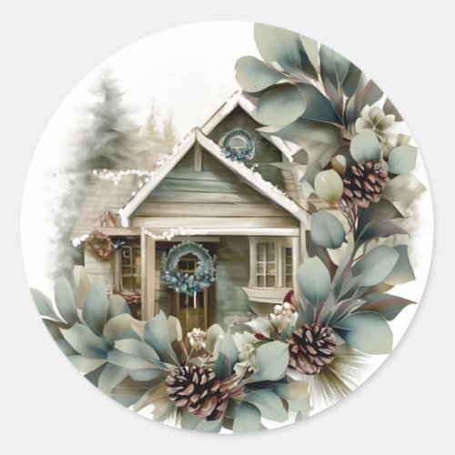 Eucalyptus and Pine Country Christmas Cottage Classic Round Sticker