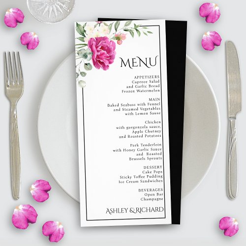 Eucalyptus and pink rose flowers wedding menu card