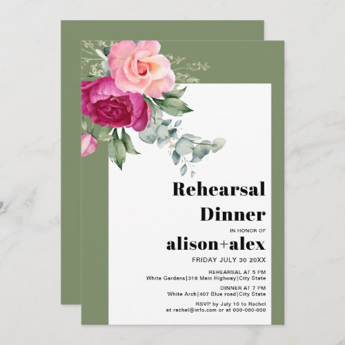 Eucalyptus and pink roses wedding rehearsal dinner invitation