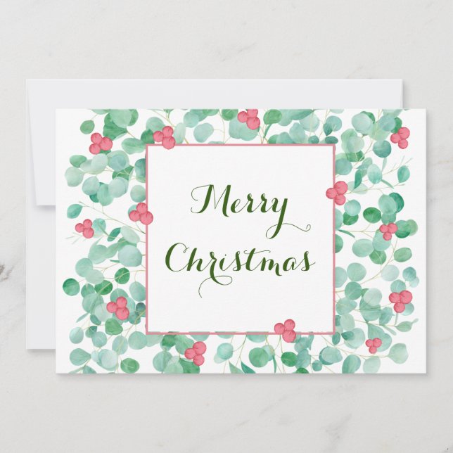 Eucalyptus And Red Berry Wreath Flat Holiday Card (Front)