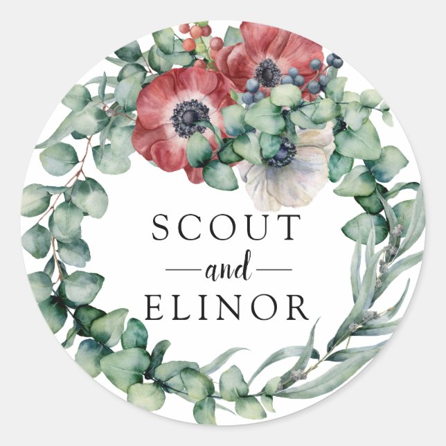 Eucalyptus and Red Floral Wedding Favor Classic Round Sticker (Front)
