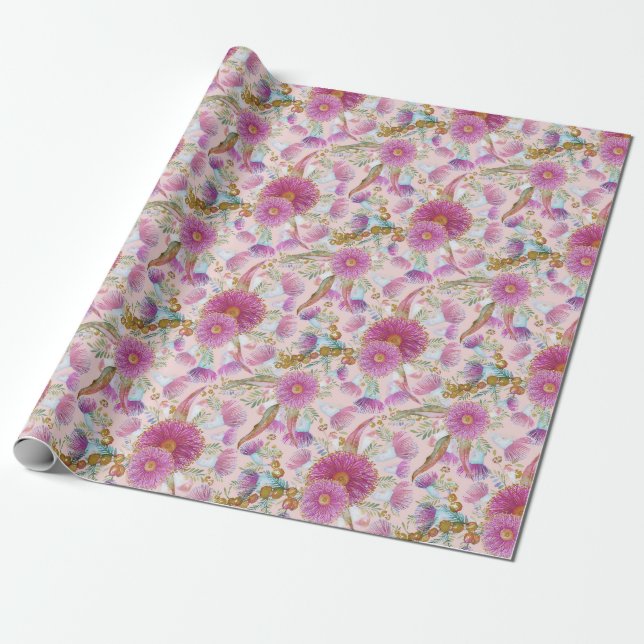 Eucalyptus And Wattle Pink Blooms Wrapping Paper (Unrolled)